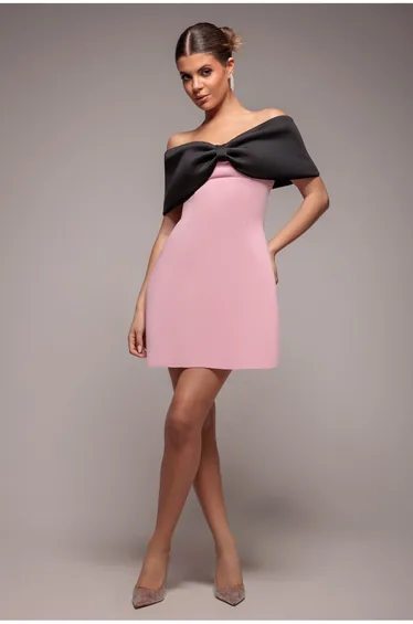 Goddiva Front Bow Off The Shoulder Mini Dress - Blush Black