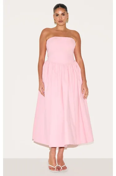 فستان ميداكسي مزموم بأكتاف مكشوفة لون زهري - للمقاسات الكبيرة