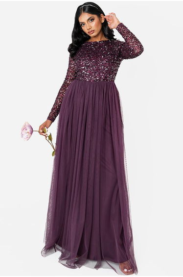Maya Berry Embellished Long Sleeve Maxi Dress