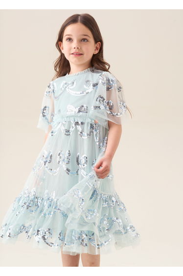 Delta Mint Sequin Bow Mesh Dress