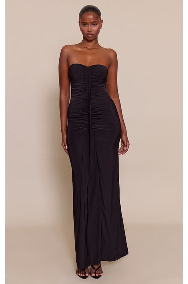 Black Ruched Drape Detail Slinky Maxi Dress