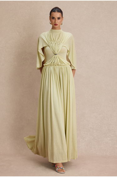 Gathering Metal Decorations Cape Sleeve Maxi Dress