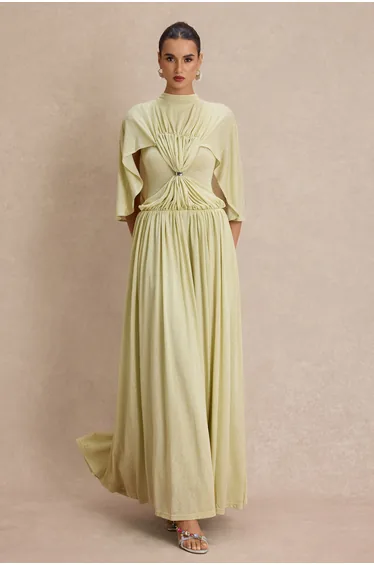 Gathering Metal Decorations Cape Sleeve Maxi Dress