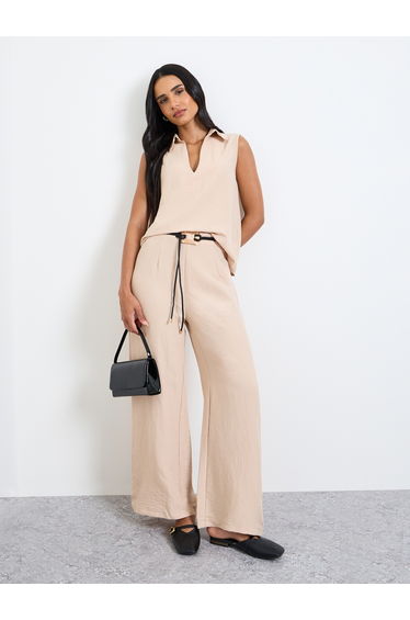 Beige Open Collar Top and Pants Co-Ords Set