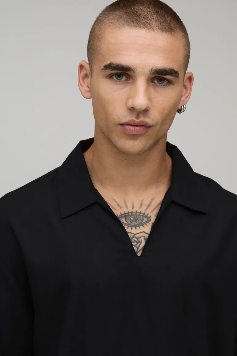 قميص كتان بتصميم واسع بياقة V - أسود - 2