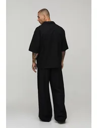 قميص كتان بتصميم واسع بياقة V - أسود - 1