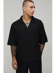 قميص كتان بتصميم واسع بياقة V - أسود