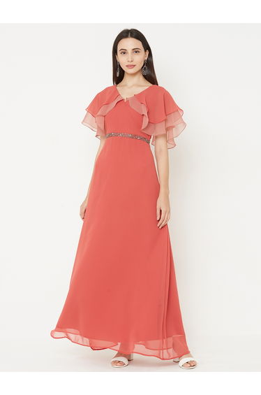 Solid Georgette A-Line Maxi Dress with Cape Sleeve