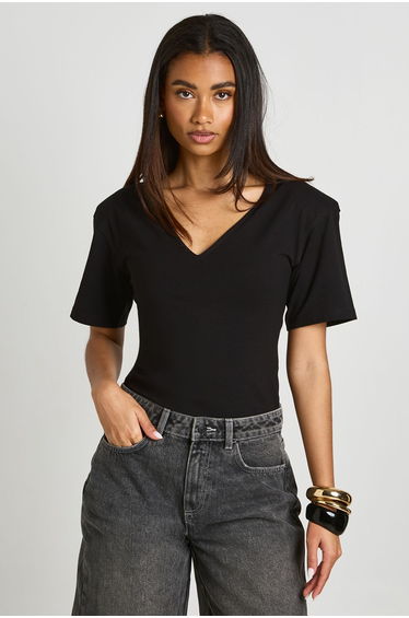 Shoulder Pad V Neck Bodysuit - black