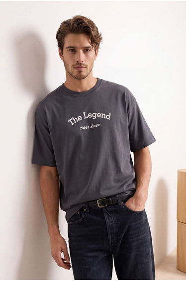 Anthracite Oversize/Wide Cut Slogan Printed 100% Cotton T-Shirt