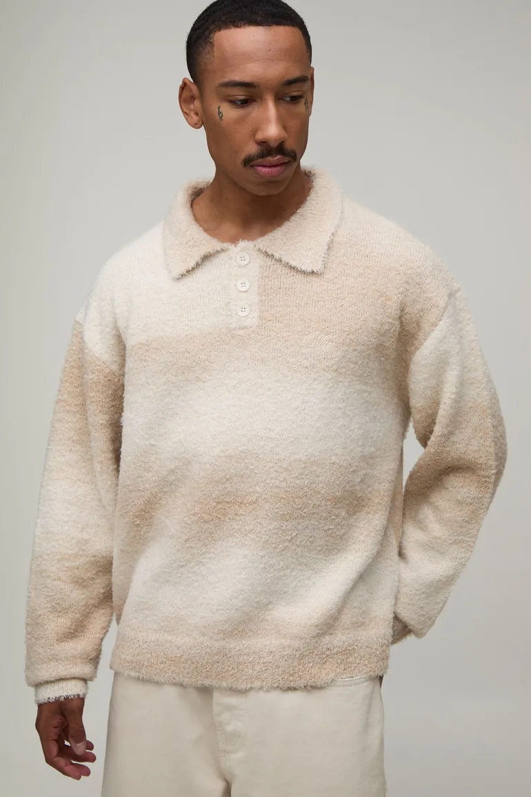 Relaxed Fluffy Ombre Knitted Polo Jumper - ecru