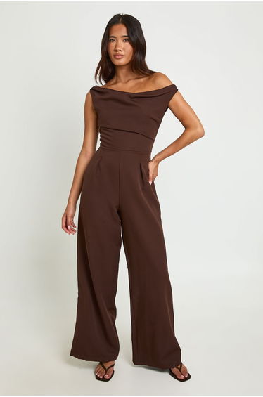 Drape Bardot Wide Leg Jumpsuit - chocolate