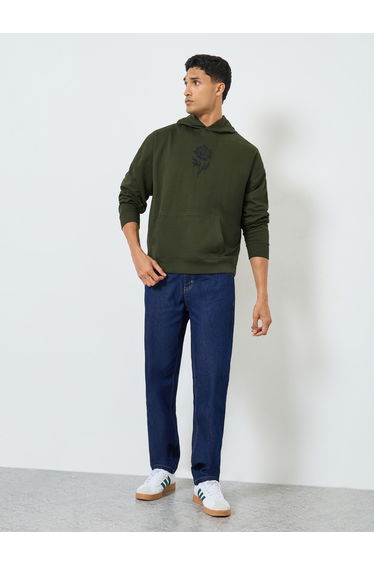 Men Olive Floral Print Fleece Hoodie
