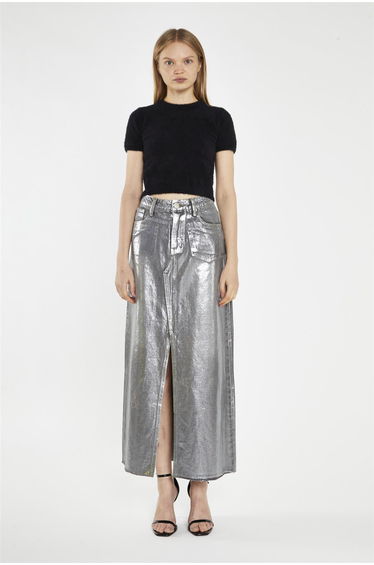 Grey Silver-Foil Denim Split-Front Skirt