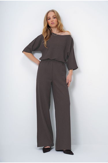 Women's Bitter Coffee Boat Neck Bat Sleeve Casual Blouse and Palazzo Trousers Crepe Set