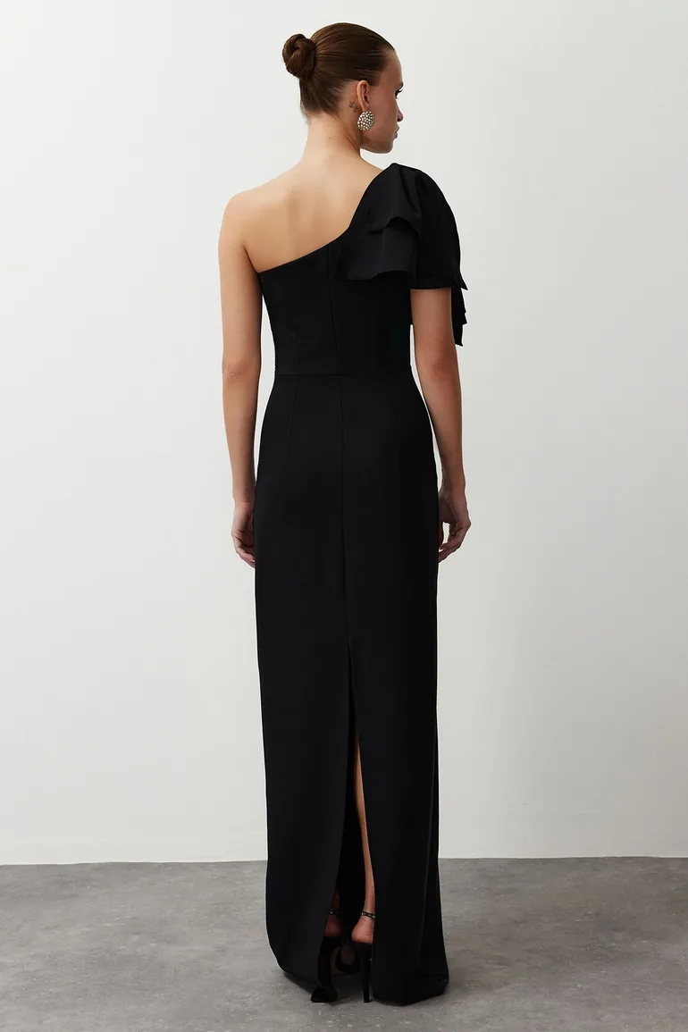 Black Plain Fitted Woven Evening Dress & Prom Dress - 4