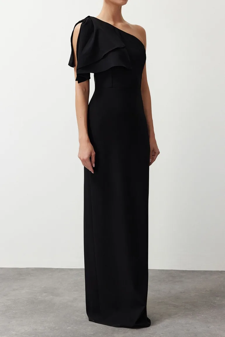 Black Plain Fitted Woven Evening Dress & Prom Dress - 3
