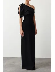 Black Plain Fitted Woven Evening Dress & Prom Dress - 3