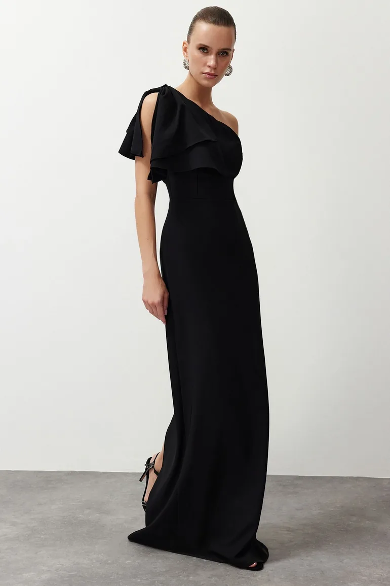 Black Plain Fitted Woven Evening Dress & Prom Dress - 2