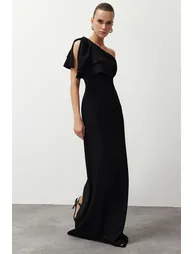 Black Plain Fitted Woven Evening Dress & Prom Dress - 2