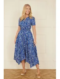 Yumi Blue Leaf Print Dip Hem Midi Shirt Dress - 7
