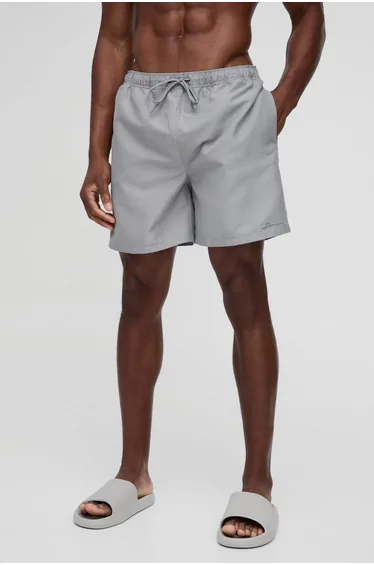 Branded Mid Length Swim Short in Grey - grey