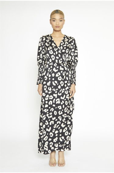 Black Cream Large Leopard Wrap Maxi Dress