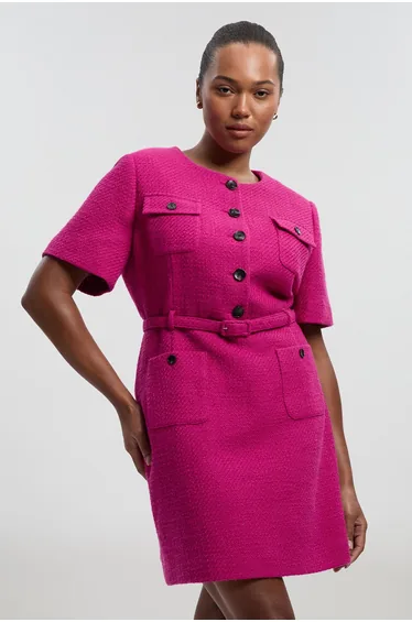 Plus Size Textured Tweed Belted Tailored Mini Dress