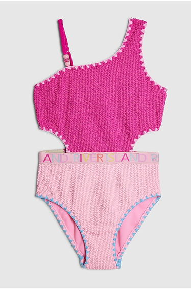 Girls Pink Textured Asymmetric Swimsuit