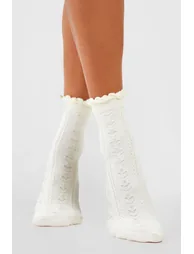 Scallop Edge Openwork Knitted Socks - cream