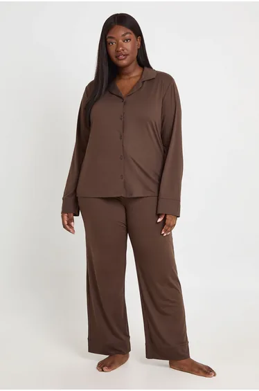 Plus Soft Touch Button Through Shirt and Trouser Pyjama Set - chocolate