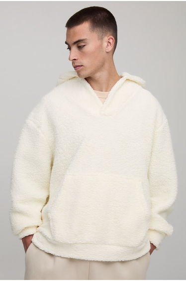 Oversized Fluffy Borg Man Tab V Neck Hoodie