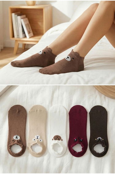 Brown-Multi Colourful 5 Pack Cotton Printed Knitted Ankle Socks
