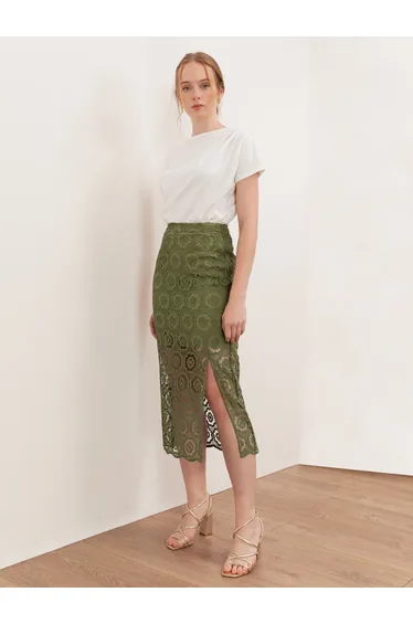 Lovedrobe Khaki Crochet Lace Midi Skirt