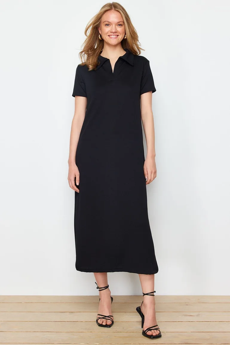 Black Polo Neck Shift/Normal Cut Knitted Dress