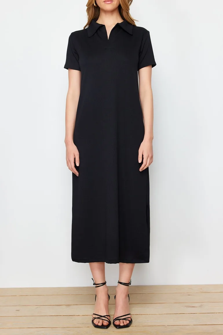 Black Polo Neck Shift/Normal Cut Knitted Dress - 3