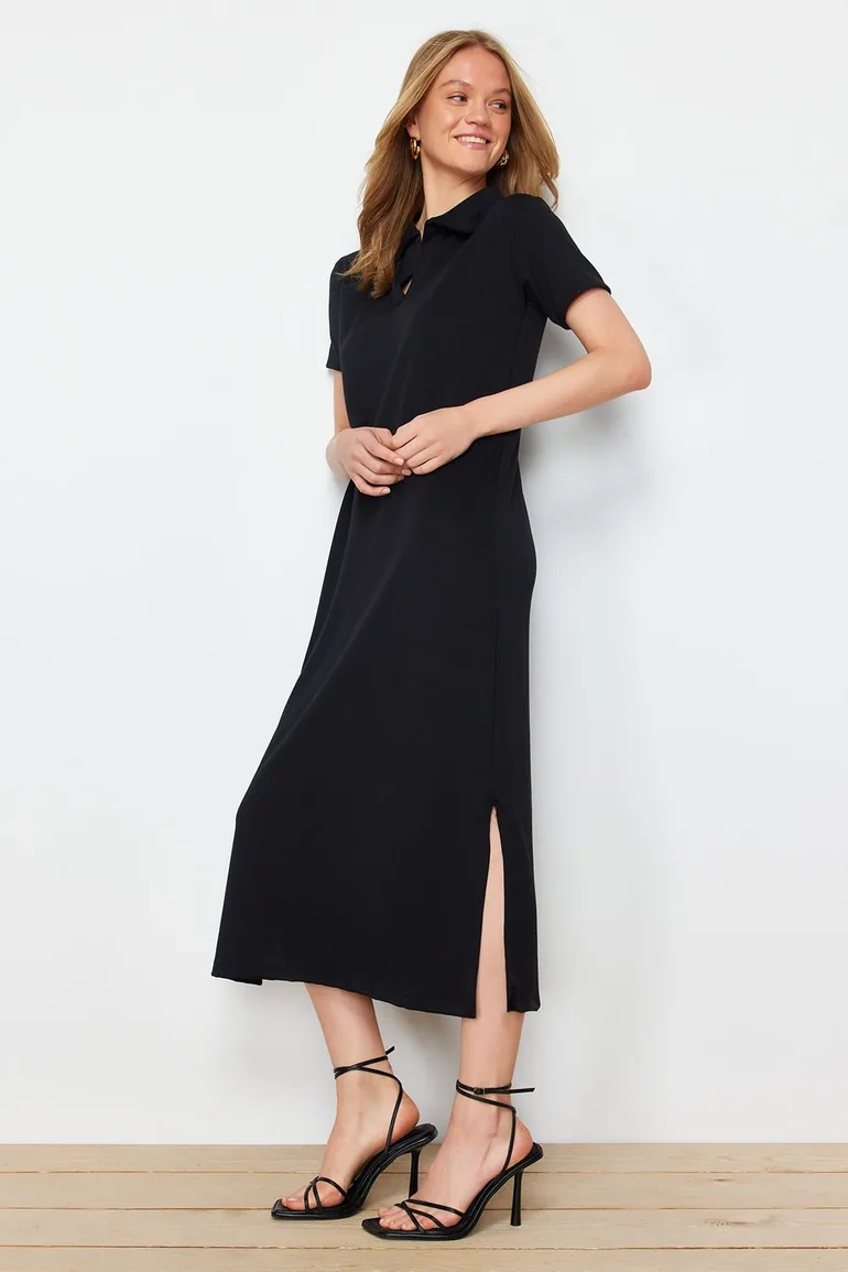 Black Polo Neck Shift/Normal Cut Knitted Dress - 2