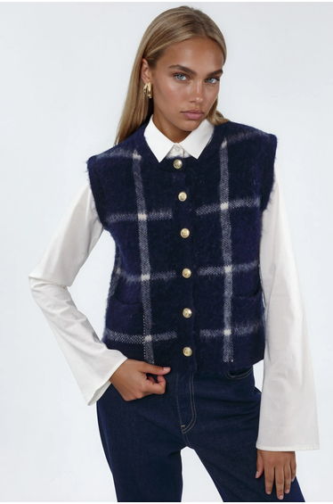 Plaid Crew Neck Sweater Vest with Buttons