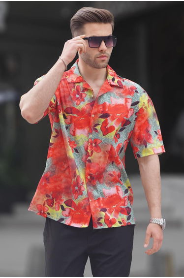 Men's Red Short Sleeve Patterned Shirt