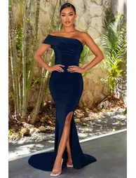 Navy One Shoulder Fishtail Maxi Dress - 1