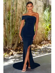 Navy One Shoulder Fishtail Maxi Dress - 2
