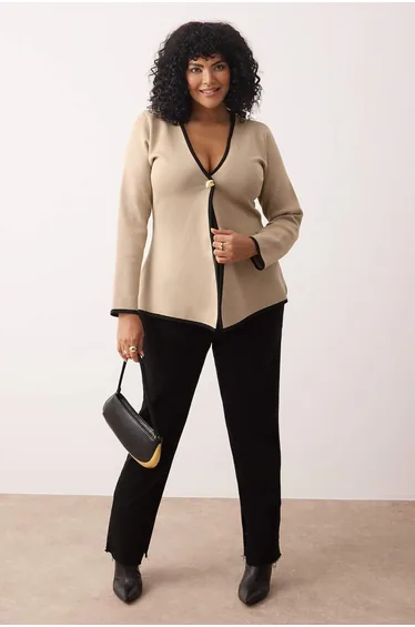 Stone Piping Detailed Asymmetric Cut Knit Jacket-Look Cardigan