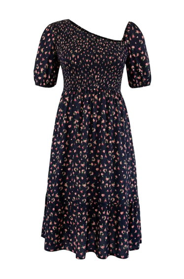 Navy Blue Floral Gipeli Asymmetric Neck Balloon Sleeve Woven Plus Size Dress