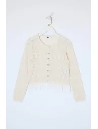 Stone Skirt Hem Lace Paneled Lace-Like Knit Knitwear Cardigan