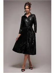 Goddiva Sequin Skater Shirt Dress - Black - 4