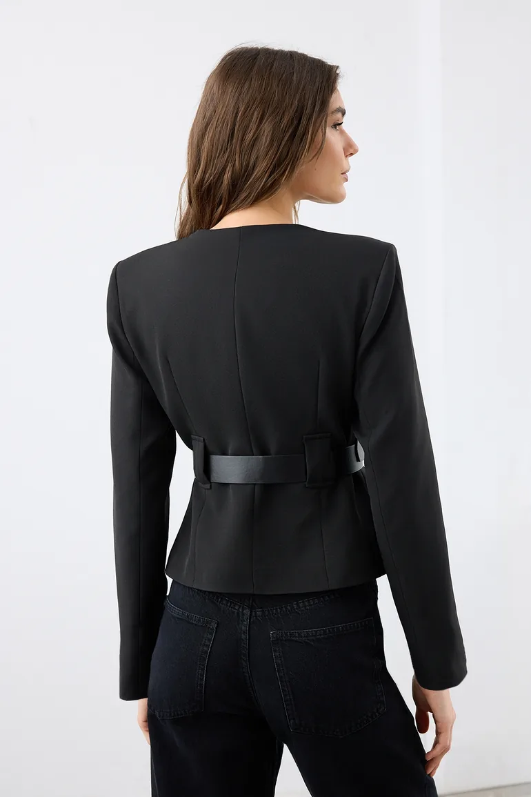 Black belted fitted/waist-sitting woven blazer jacket - 3