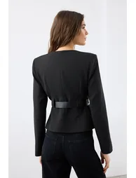 Black belted fitted/waist-sitting woven blazer jacket - 3