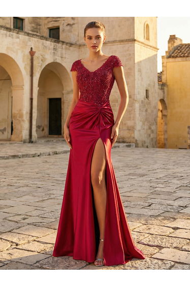 Leely Women's Elegant V Neck Cap Sleeve Prom Dress