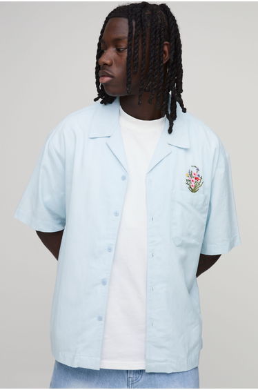 Oversized Floral Pocket Linen Blend Shirt - light blue