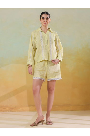Women Yellow Striped Pure Cotton Shirt with Shorts Co-Ords